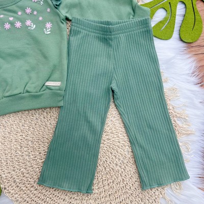 Conj. Casaco Floral de Moletom com Babadinhos e Calça Ribana Flare - Verde